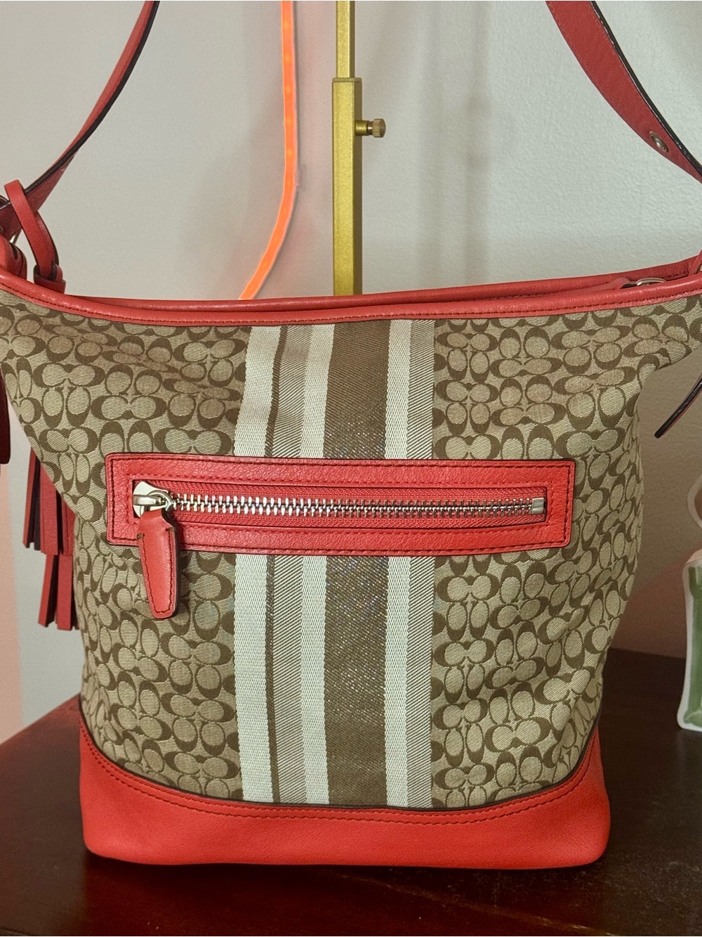 Coach Legacy Signature Stripe Duffle with Coral Trim and Tassels - Picture 7 of 12